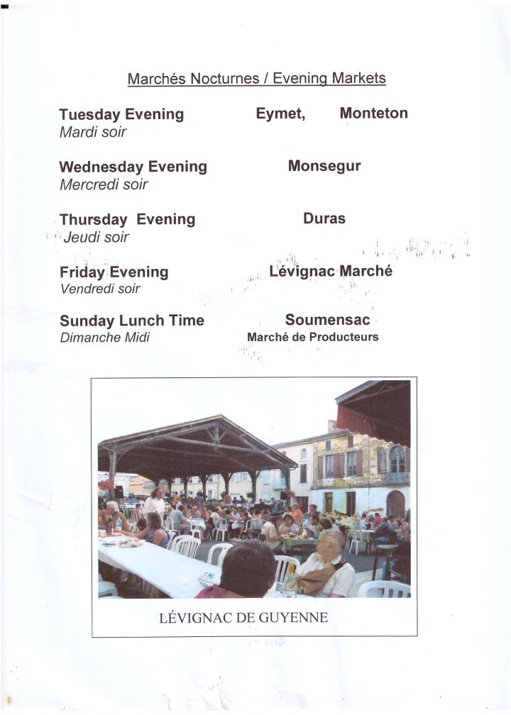 An image with a text list of Night markets around the town of Duras, Lot-et-Garonne, France. A photo of evening market in Levignac-de-Guyenne is shown.