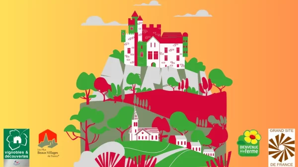 Image of a colorful illustrated postcard with a fantasy castle surrounded by trees in the foreground. Text in the background says 
